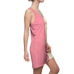 right side view of model wearing the chic and feminine dress that features a unique design that combines a beautiful floral pattern with pink accents. The right side of the dress is a lovely shade of pink, while the left side showcases a captivating floral print with pink flowers and stars on a charming beige background.