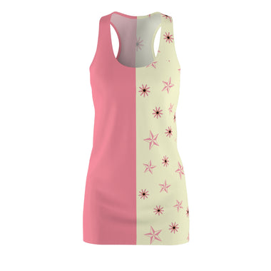 front view of a chic and feminine dress that features a unique design that combines a beautiful floral pattern with pink accents. The right side of the dress is a lovely shade of pink, while the left side showcases a captivating floral print with pink flowers and stars on a charming beige background.