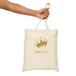 canvas bag with words Child of God and gold glitter crown