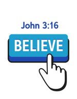 White pointed finger clicking Blue Believe Button John 3:16