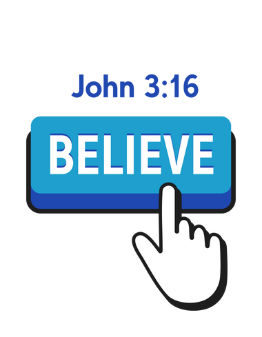 White pointed finger clicking Blue Believe Button John 3:16