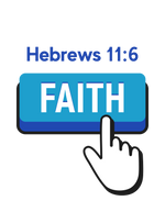 White pointed finger clicking blue faith button Hebrews 11:6