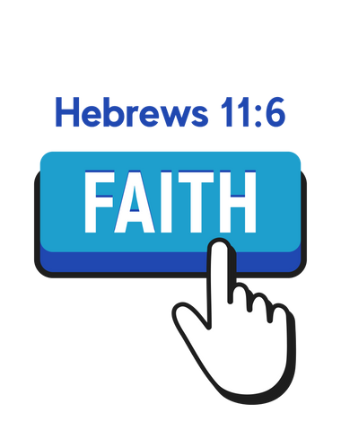 White pointed finger clicking blue faith button Hebrews 11:6