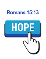 Blue Hope button with white pointed finger clicking and Romans 15:13 above