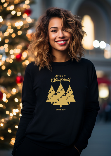 Merry Christmas Gold Christmas Tree Trio Long-Sleeve T-shirt with Luke 2:14