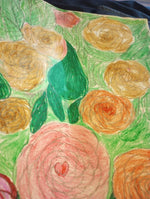 Hand drawn picture of brown and red roses drawn on a background of green leaves.