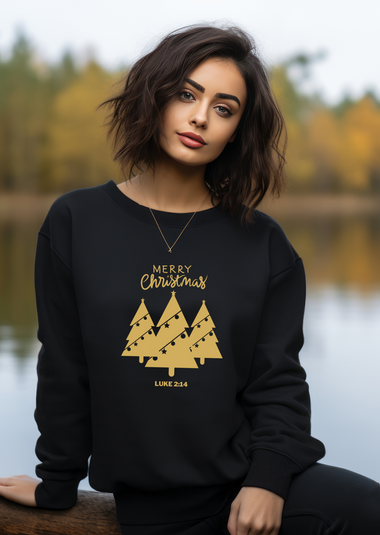 Merry Christmas Gold Christmas Tree Trio Sweatshirt with Luke 2:14