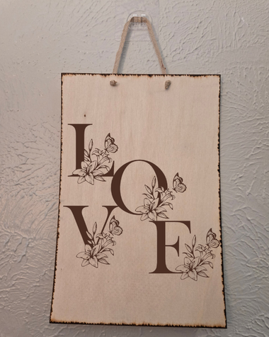 Floral LOVE Wall Art - Wooden Sign with Flowers and Butterfly Detail