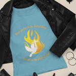 Leather jacket and blue t-shirt with gold words saying "When you live for the God of Glory you will see the Glory of God" and picture of white dove with white cross and flames