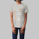 Women in grey t-shirt with text COFFEE - Christ Offers Forgiveness For Everyone Everywhere