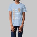 Women in light-blue t-shirt with text COFFEE - Christ Offers Forgiveness For Everyone Everywhere