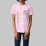 Women in pink t-shirt with text COFFEE - Christ Offers Forgiveness For Everyone Everywhere