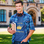 College student with books wearing blue Son of the Most High King t-shirt with gold crown