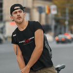 Man wearing black t-shirt with words faith and love in white and hope in red