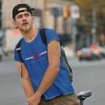 Man wearing royal blue t-shirt with words faith and love in white and hope in red