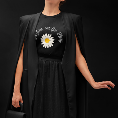 words over daisy black t-shirt mockup featuring woman with a stylish outfit at a studio