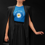 words over daisy blue t-shirt mockup featuring woman with a stylish outfit at a studio