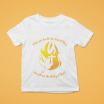 white t-shirt with gold words saying "When you live for the God of Glory you will see the Glory of God" and picture of white dove with white cross and flames