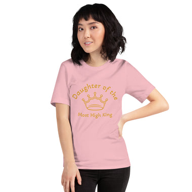 Woman wearing rose pink t-shirt with gold crown outline and the words "Son of the Most High King"