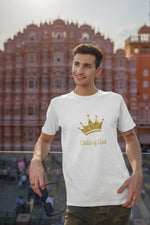 white t-shirt featuring gold crown words Child-of-God on a man