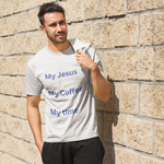 Man in grey t-shirt with blue words saying My Jesus, My Coffee, My time