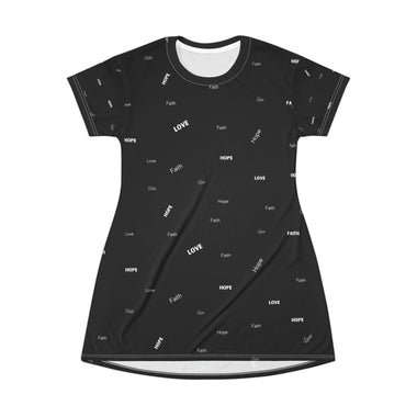 Woman wearing black tunic with Faith Hope Love all-over-print - front view