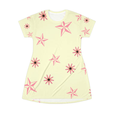 Pale yellow all-over print short sleeve tunic with pink flowers and stars