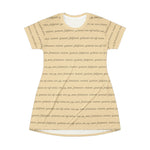 Woman wearing tan shirt sleeve tunic with fruits of the spirit text printed in black cursive writing - front view