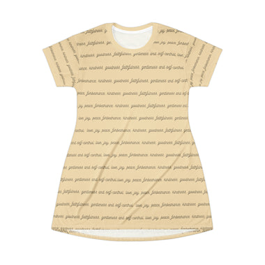 Woman wearing tan shirt sleeve tunic with fruits of the spirit text printed in black cursive writing - front view