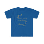 blue shirt with gold text centered " Jesus is messing in my life again  # blessed" olive branches of gold on top left and bottom left corners