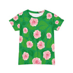 green tunic with all-over-print pink roses front view