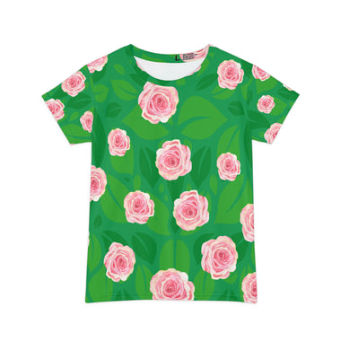 green tunic with all-over-print pink roses front view