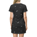 Woman wearing black tunic with Faith Hope Love all-over-print - back view