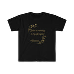 black shirt with gold text centered " Jesus is messing in my life again  # blessed" olive branches of gold on top left and bottom left corners