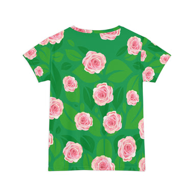 green tunic with all-over-print pink roses back view