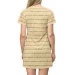 Woman wearing tan shirt sleeve tunic with fruits of the spirit text printed in black cursive writing - back view