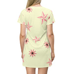 Pale yellow all-over print short sleeve dress with pink flowers and stars back view