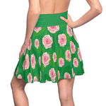 Woman wearing green skater skirt with pink rose all-over-print back view