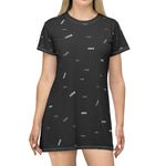 Woman wearing black tunic with Faith Hope Love all-over-print - front view