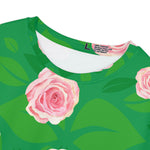 close-up of neck detail green tunic with all-over-print pink roses