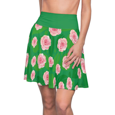 Woman wearing green skater skirt with pink rose all-over-print front view