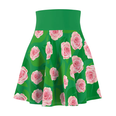 green skater skirt with pink rose all-over-print