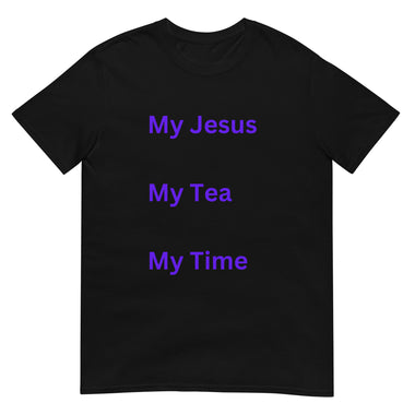 Heather gray t-shirt with words "My Jesus, My Tea, My Time" in purple letters