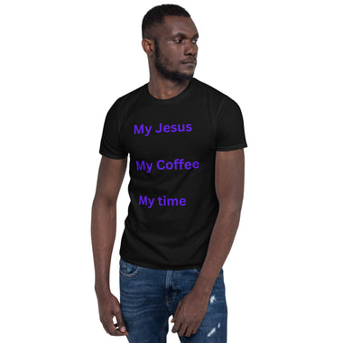 Man wearing black t-shirt with "My Jesus, My Coffee, My time" in purple letters