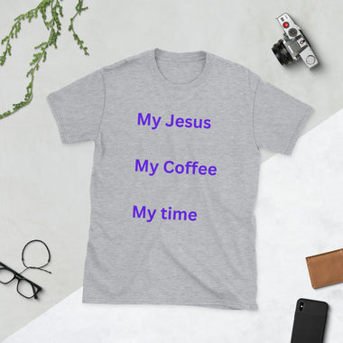 Heather grey t-shirt with "My Jesus, My Coffee, My time" in purple letters